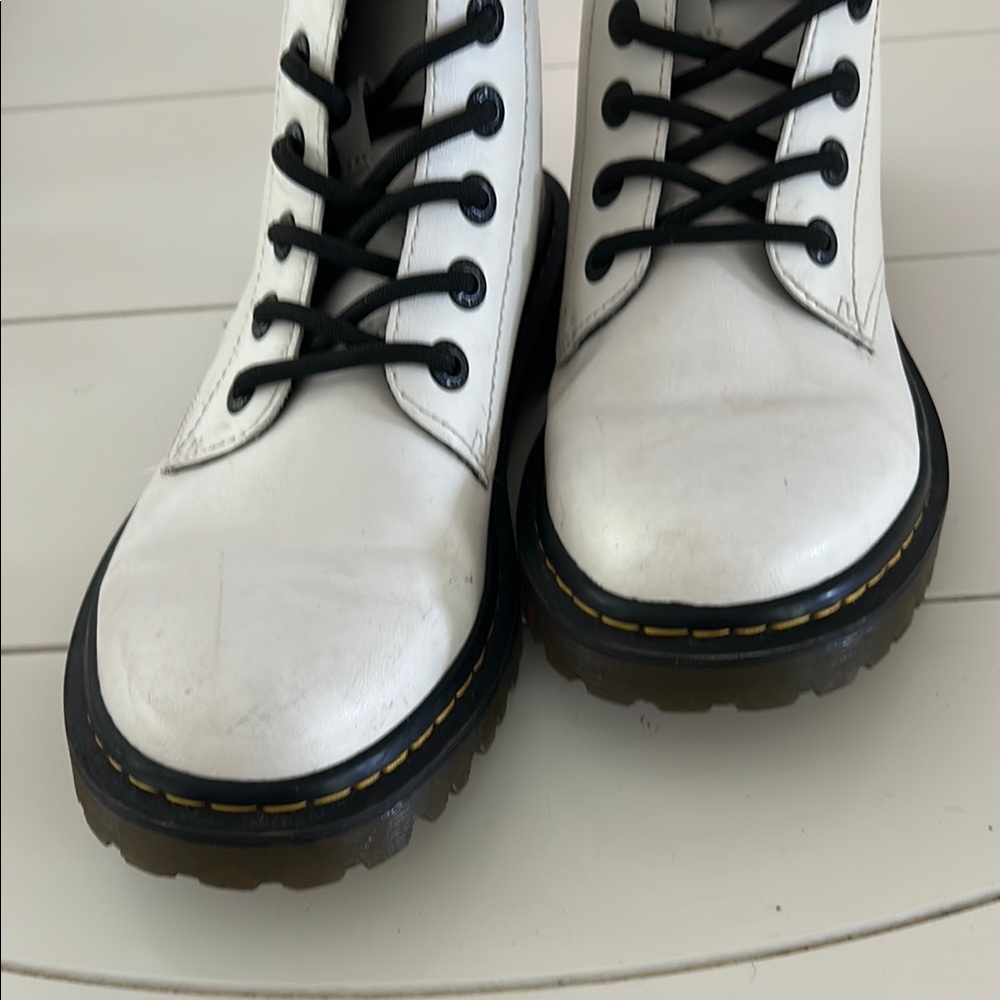 Dr. Martens Black and White Combat Boots with Yellow Stitching